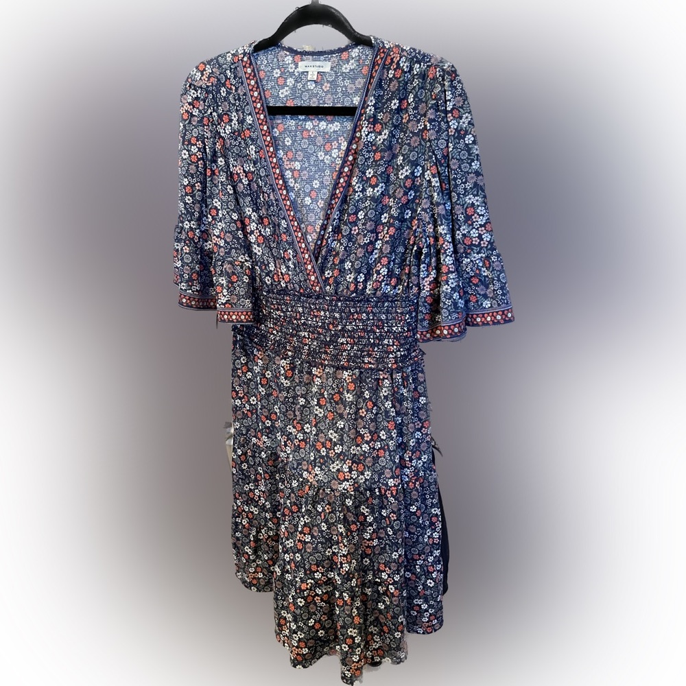 Max Studios V Neck elastic waist midi dress with short bell sleeves
